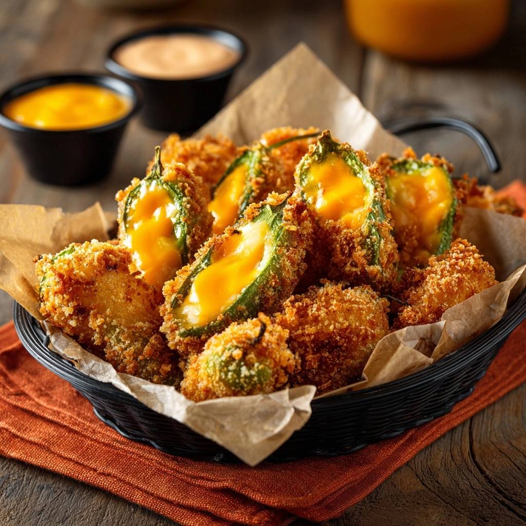 Crispy Jalapeño Cheese Poppers showing a close-up view of the melted cheese filling inside the halved peppers.