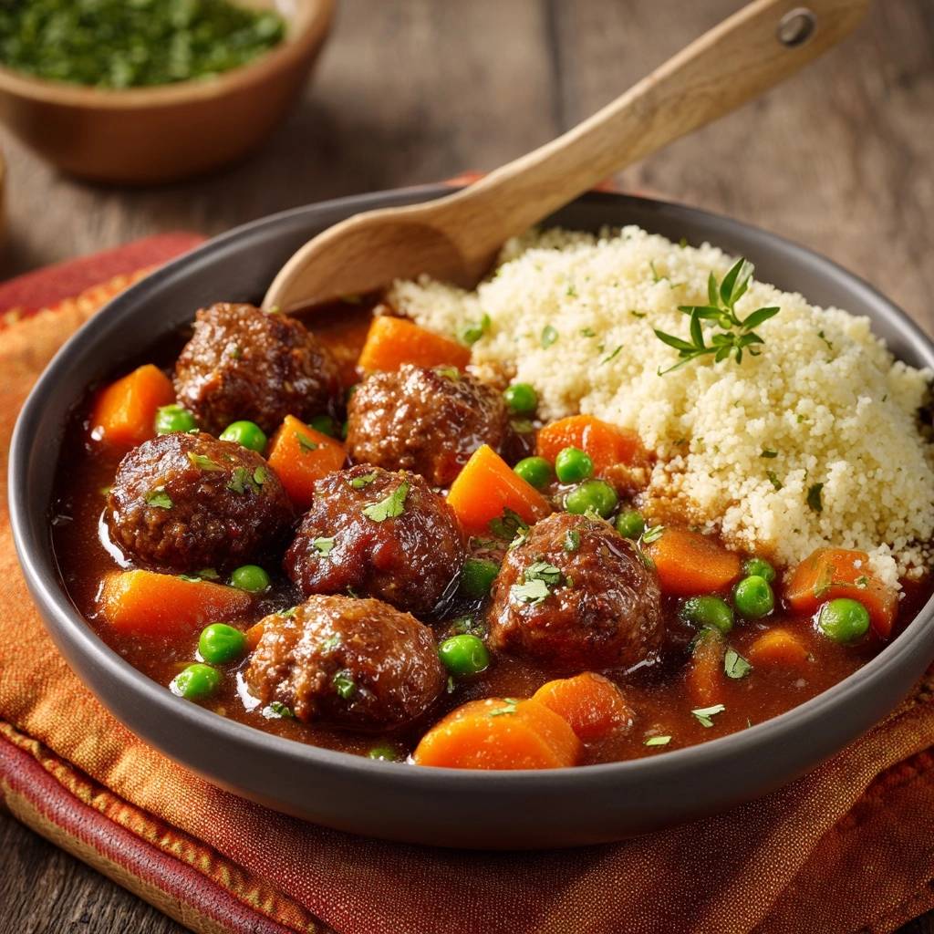 Juicy beef meatballs in carrot-pea stew over couscous, served in a close-up bowl with a wooden spoon.