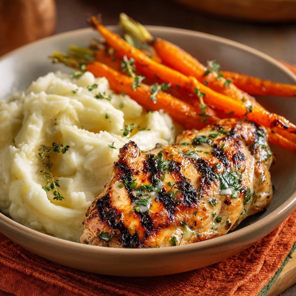Juicy grilled chicken with creamy mash and thyme carrots served in a bowl, close-up view.