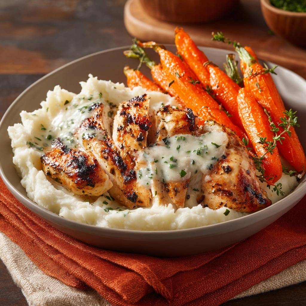 Juicy grilled chicken with creamy mash and thyme carrots, sliced and drizzled with sauce.