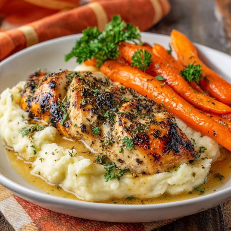 Juicy herb chicken with creamy mash and glazed carrots plated in a white bowl with a side view.