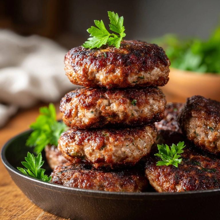 Juicy parsley beef patties stacked high in a cast iron pan, garnished with fresh parsley.