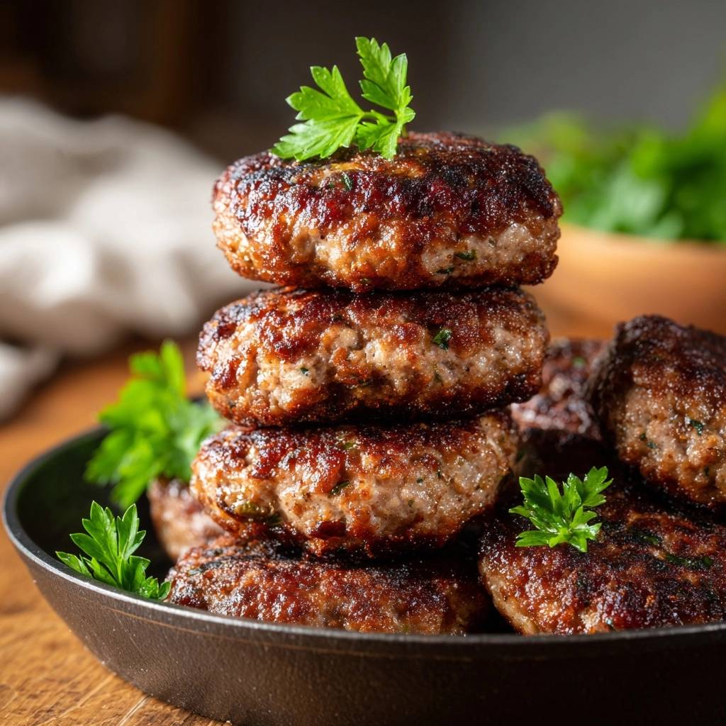 Juicy parsley beef patties stacked high in a cast iron pan, garnished with fresh parsley.