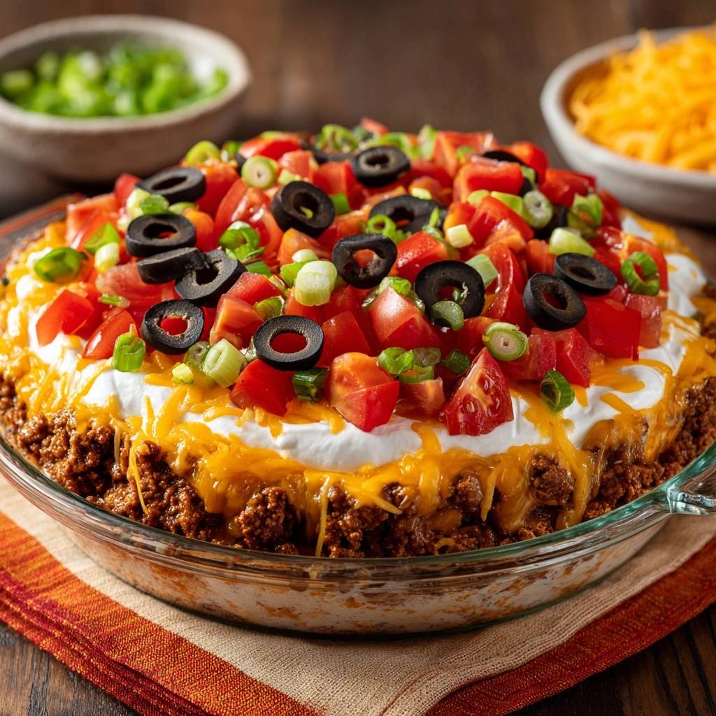 Layered taco dip with a close-up view of its fresh tomato, olive, and green onion topping.