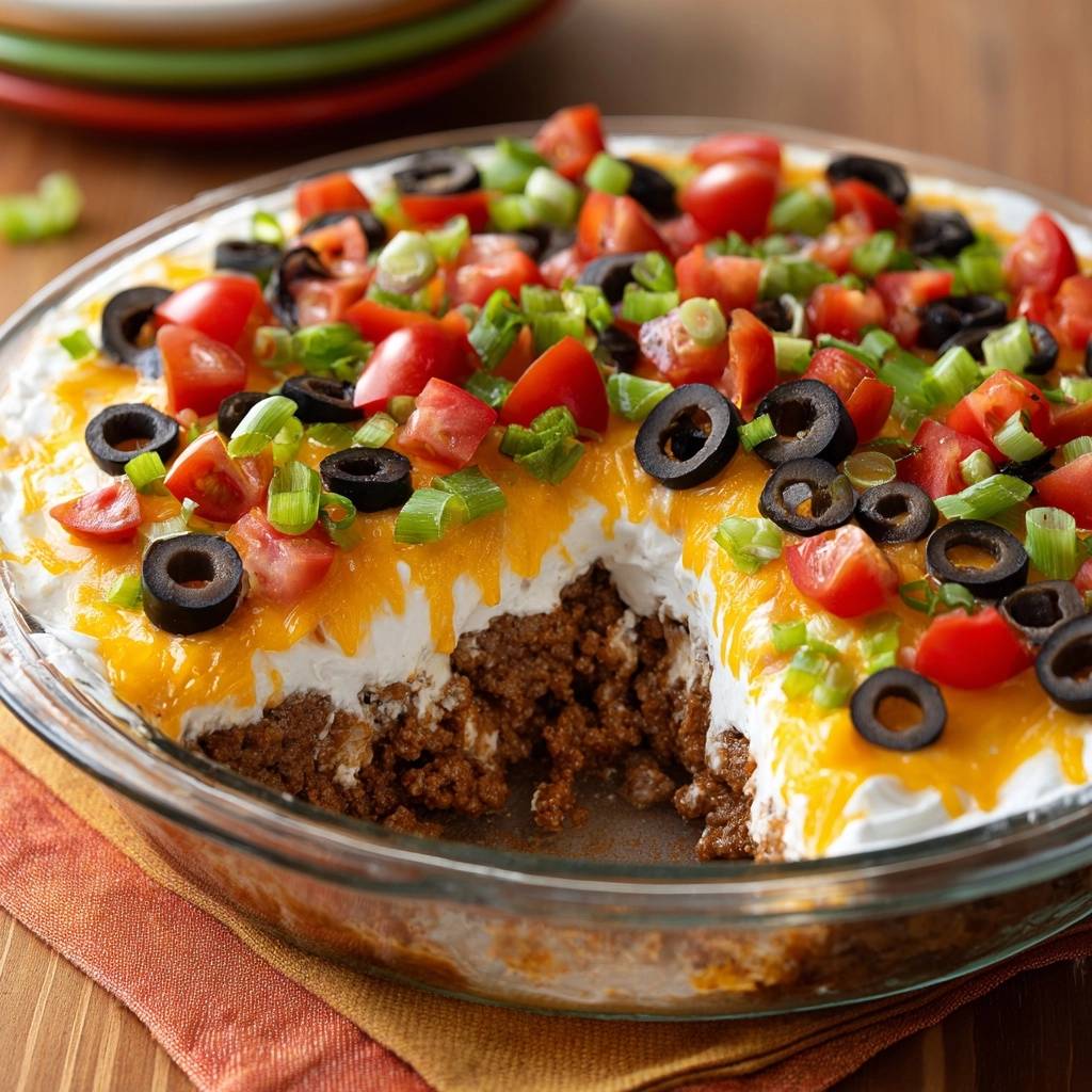 Layered taco dip cross-section revealing its savory meat, creamy, and cheesy layers, topped with fresh tomatoes and olives.