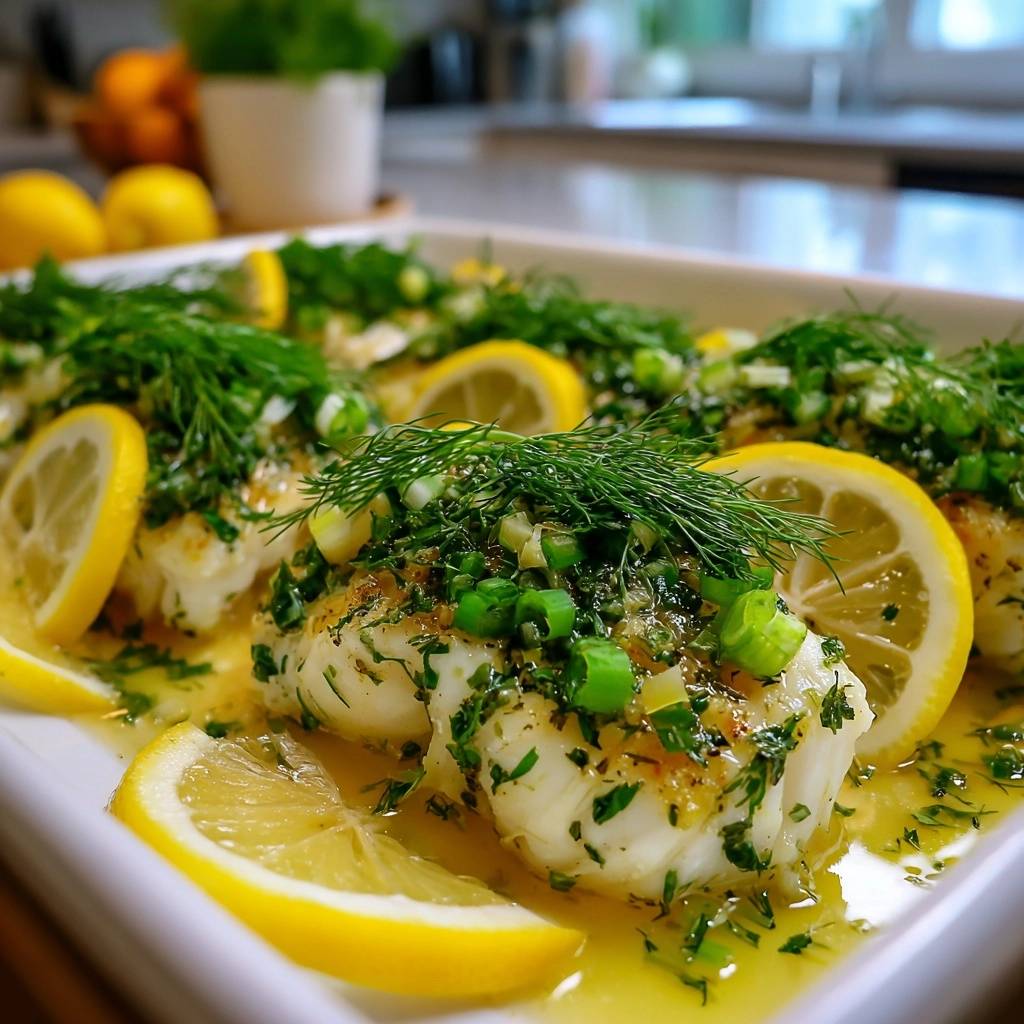 Lemon Dill Baked Cod with fresh dill, lemon slices, and chopped green onions as a close-up garnish.