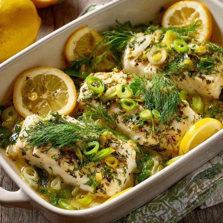 Lemon dill baked cod, a tender and flaky fish dish, shown in a white baking dish with lemon slices and fresh dill.