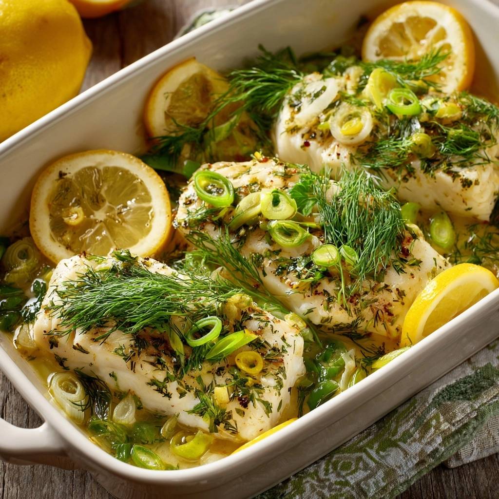 Lemon dill baked cod, a tender and flaky fish dish, shown in a white baking dish with lemon slices and fresh dill.