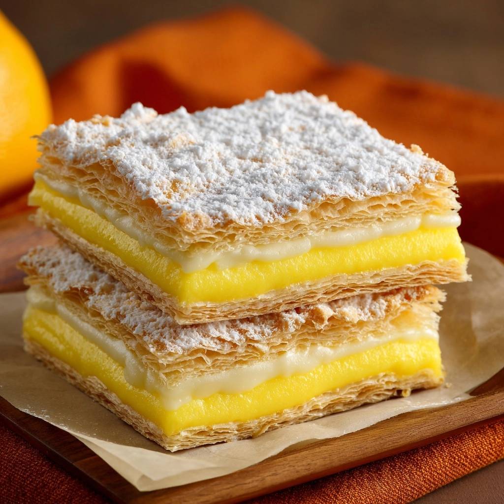 Lemon phyllo cream bars showing a stacked cross-section with layers of flaky pastry and creamy filling.