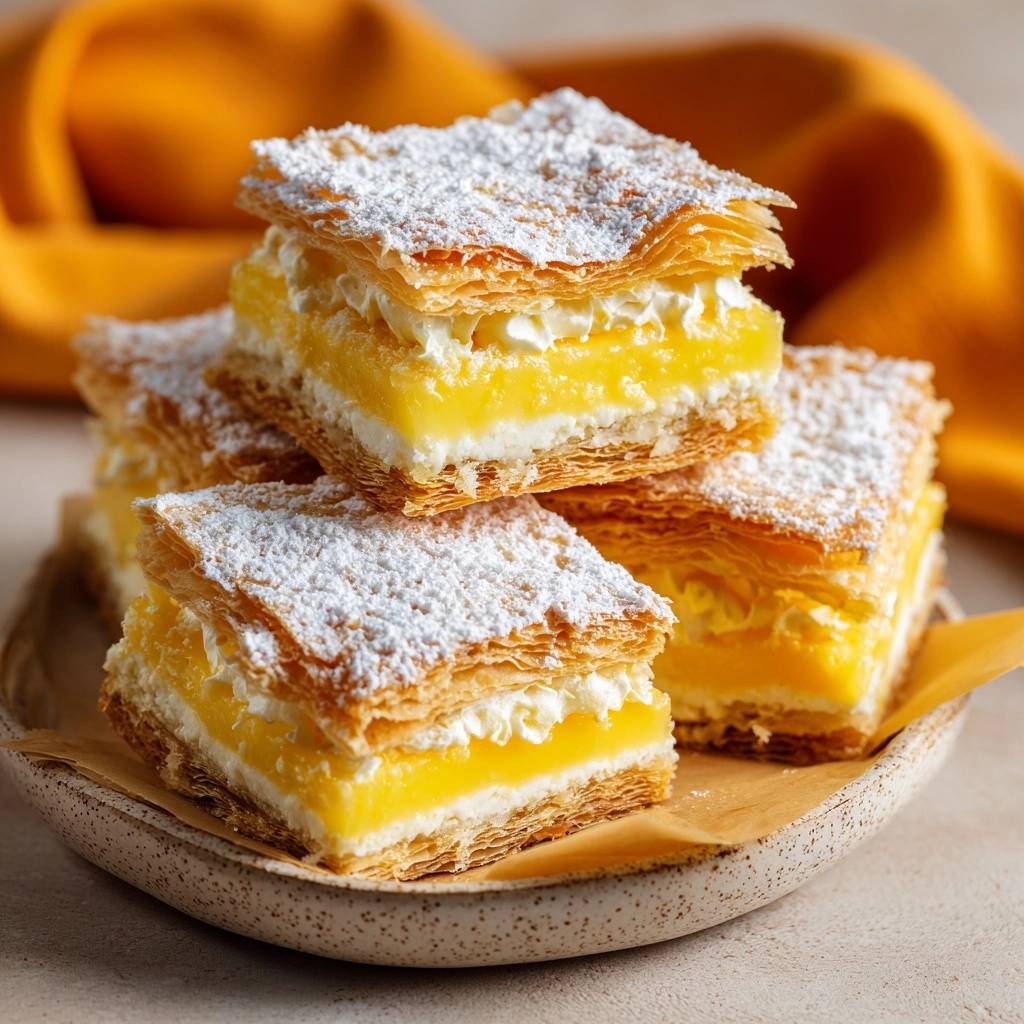 Lemon phyllo cream bars with lasting crunch shown in a stacked cross-section on a plate.
