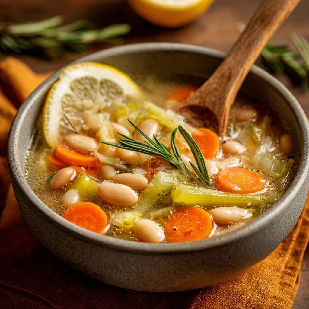 Lemon rosemary white bean soup in a bowl with a lemon slice and rosemary garnish, close-up detail.