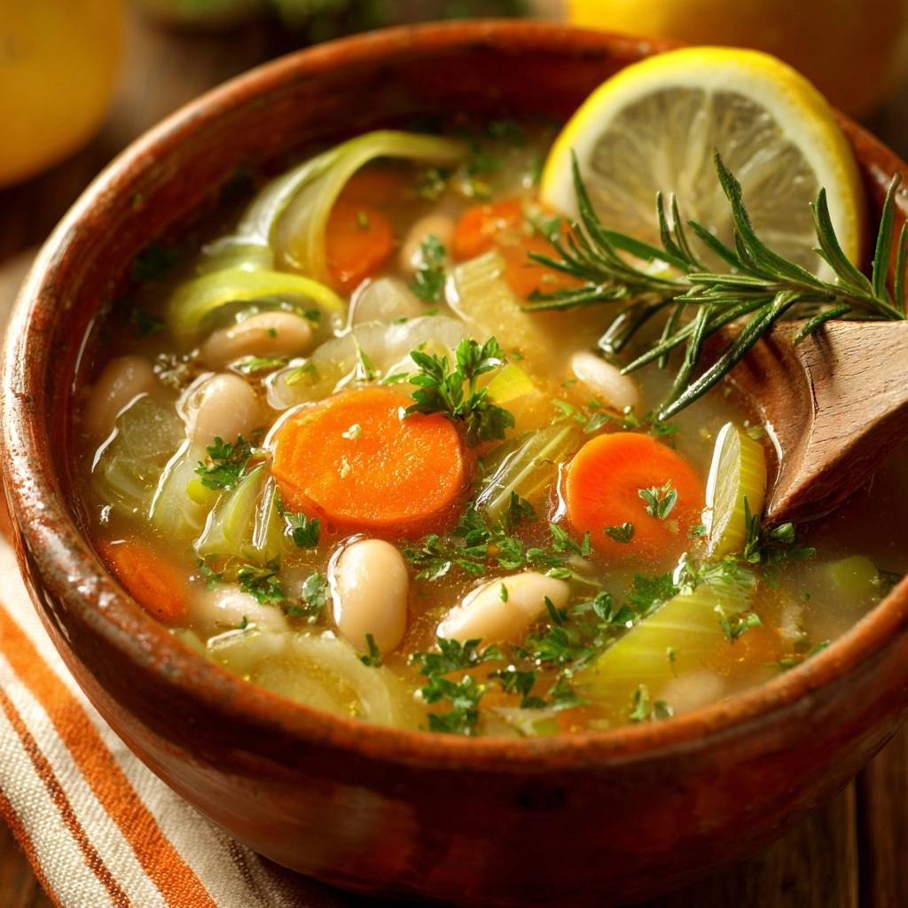 Lemon rosemary white bean soup in a rustic bowl, garnished with fresh rosemary and a lemon slice.
