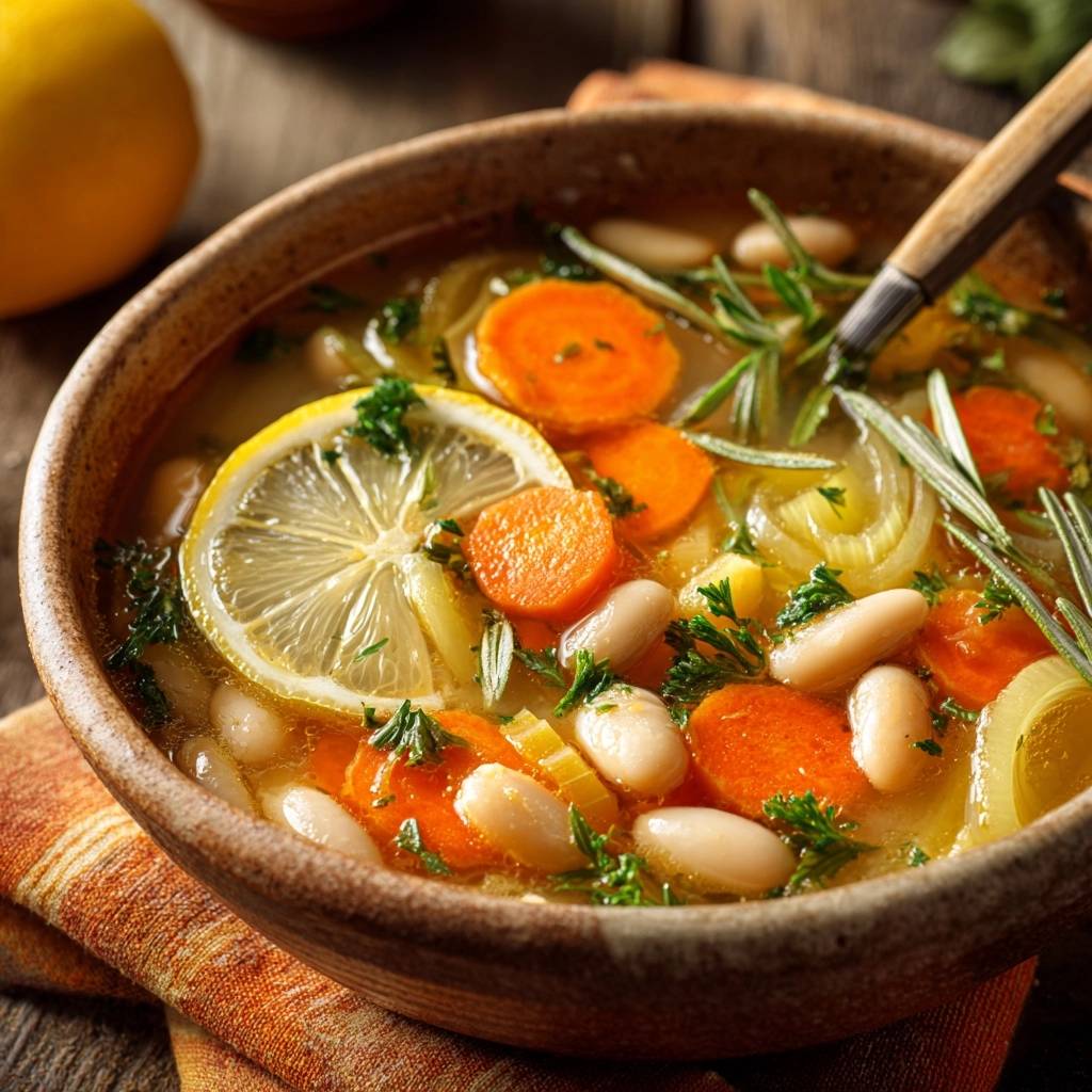 Lemon rosemary white bean soup served in a rustic bowl, showing a close-up view of the ingredients and garnish.