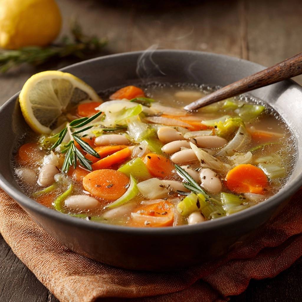 Lemon rosemary white bean soup steaming in a rustic bowl garnished with fresh rosemary and a lemon slice.