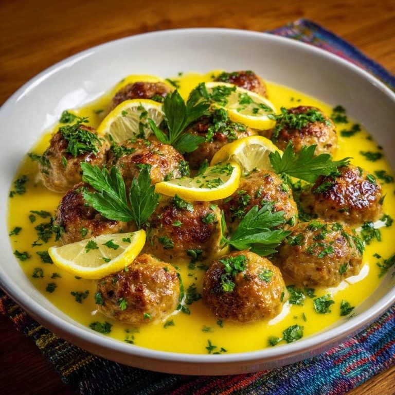 Juicy lemon turmeric chicken meatballs served in a bright yellow sauce and garnished with fresh parsley and lemon slices.
