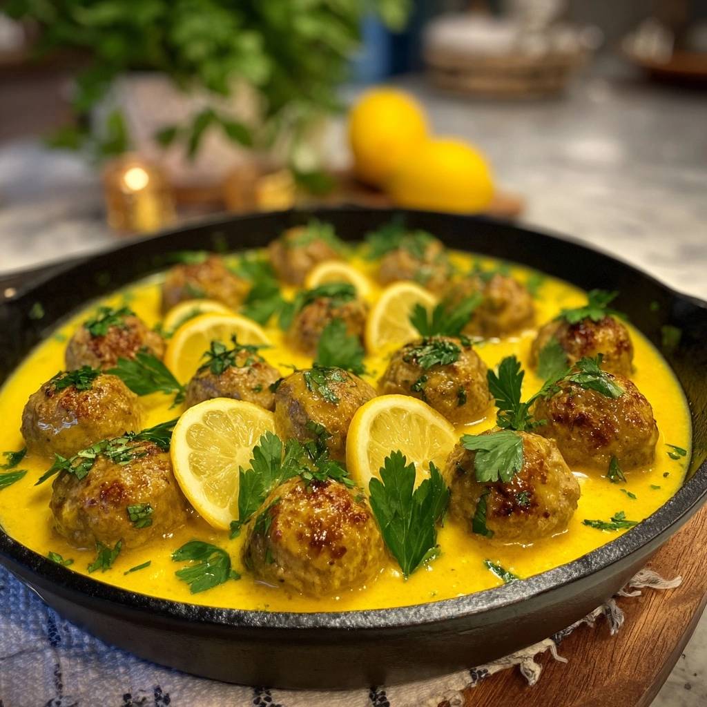 Juicy lemon turmeric chicken meatballs served in a skillet, garnished with lemon slices and fresh parsley.