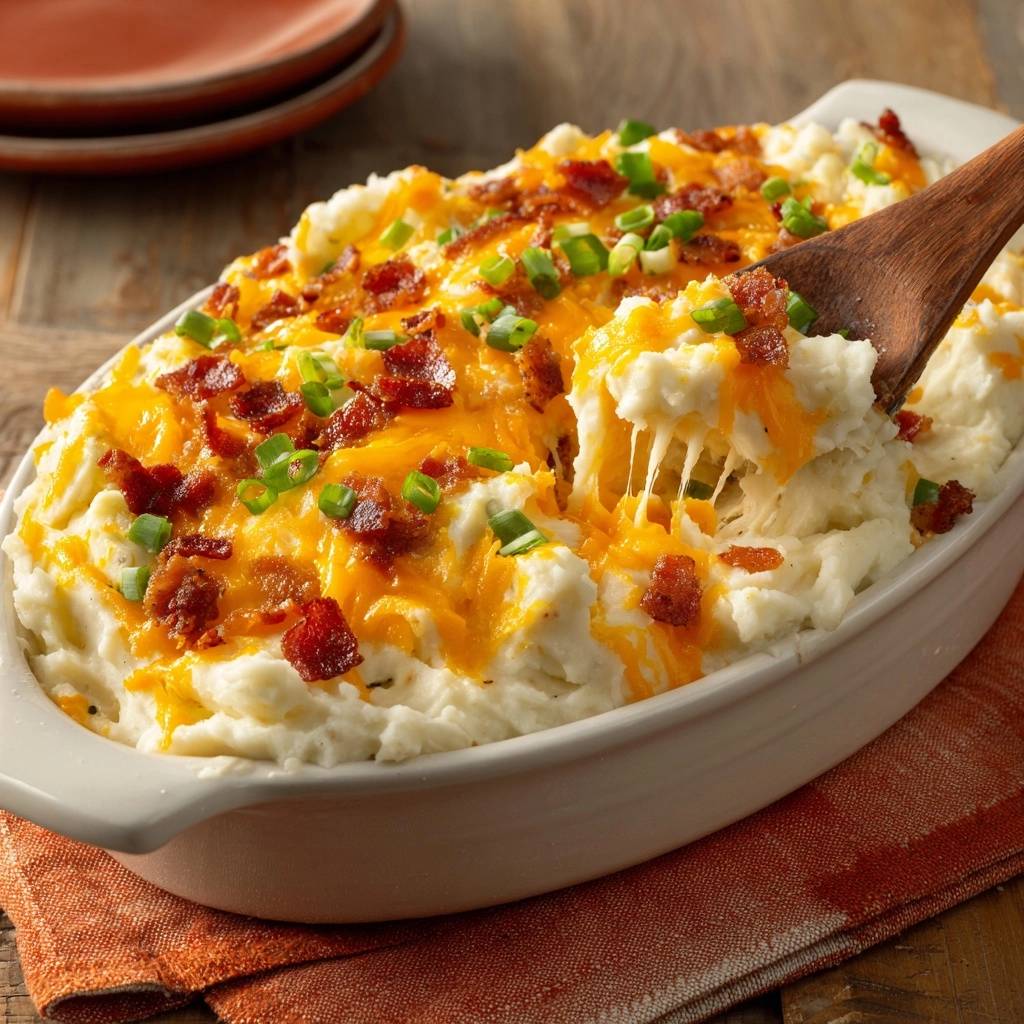 Loaded Bacon Cheddar Mashed Potato Casserole with a cheesy pull from a spoonful.