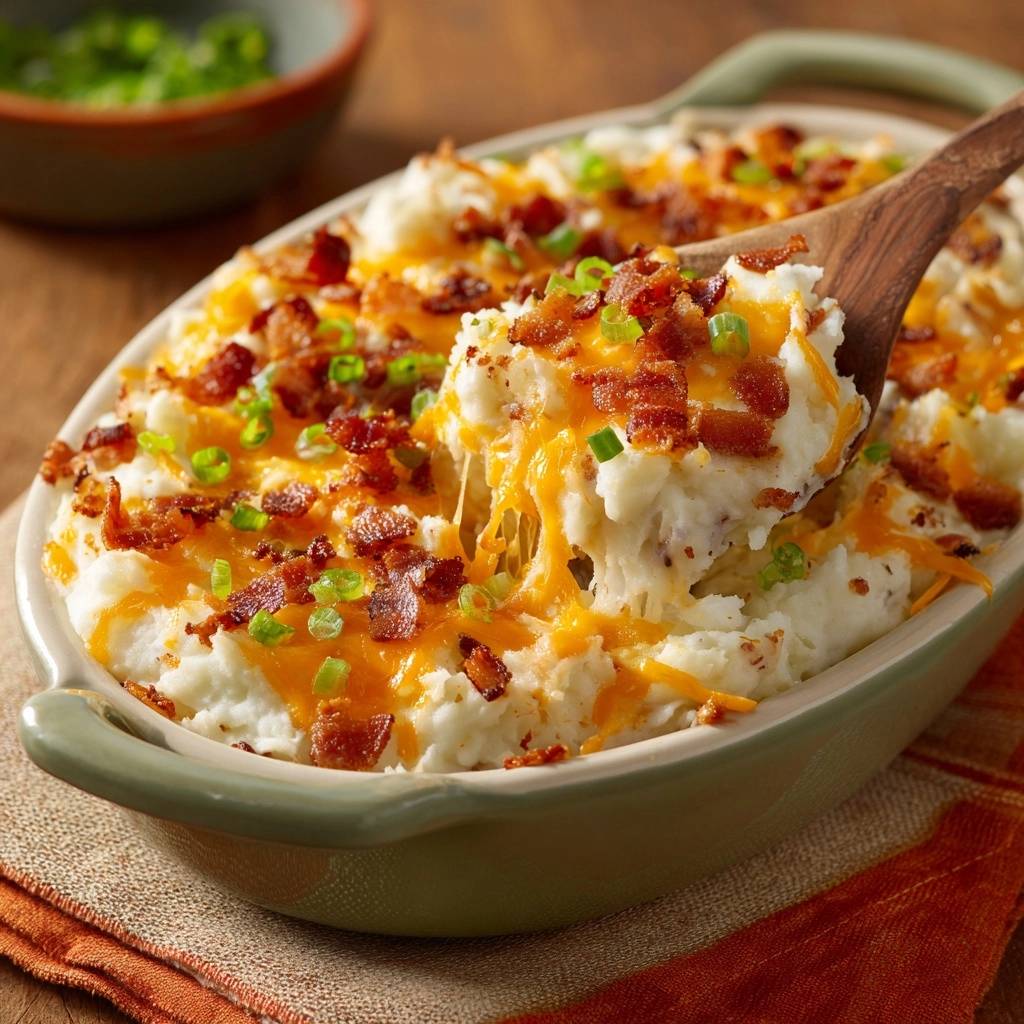 Loaded bacon cheddar mashed potato casserole being served with a wooden spoon, showing melted cheese and bacon topping.