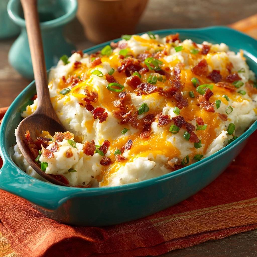 Loaded Bacon Cheddar Mashed Potatoes being served with a wooden spoon, showing cheesy topping and bacon bits.