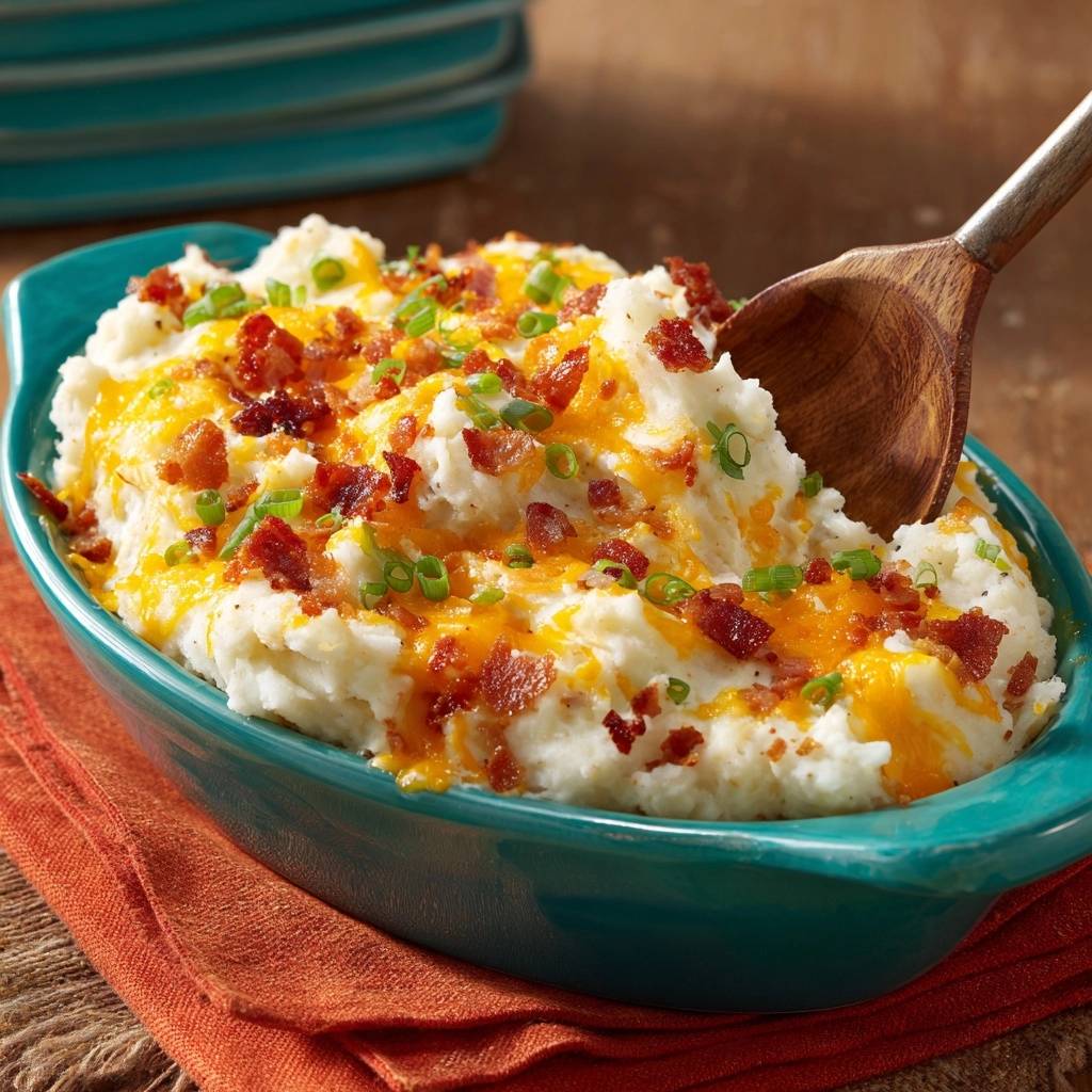 Loaded bacon cheddar mashed potatoes with a spoonful being scooped out, showing fluffy texture and toppings.