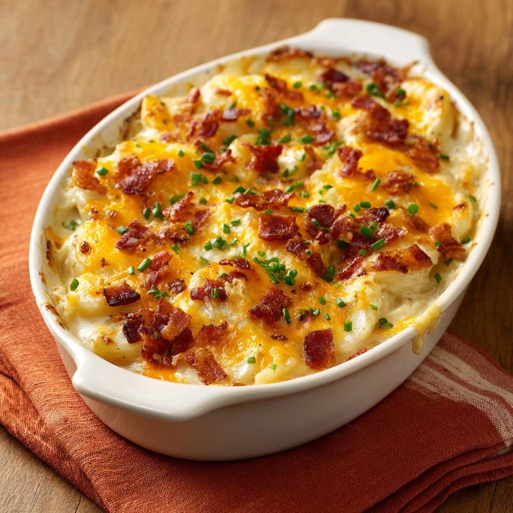 Loaded bacon cheddar potato casserole topped with melted cheese and crispy bacon bits.