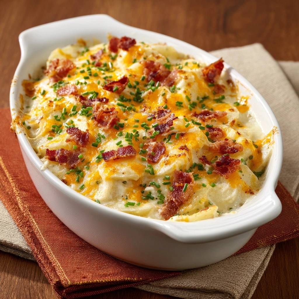 Loaded Bacon Cheddar Potato Casserole, a comforting dish topped with crispy bacon, melted cheddar, and fresh chives.