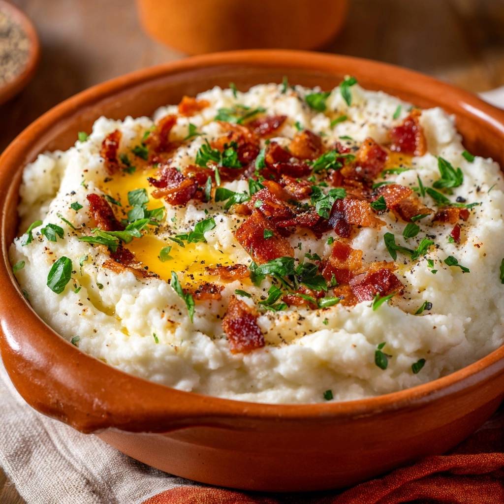 Loaded bacon mashed potatoes with a close-up view of the crispy bacon and parsley topping.