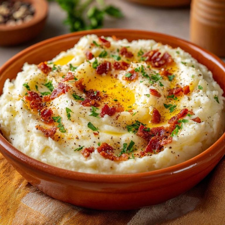 Loaded bacon mashed potatoes with a golden butter pool and crispy bacon garnish in a rustic bowl.
