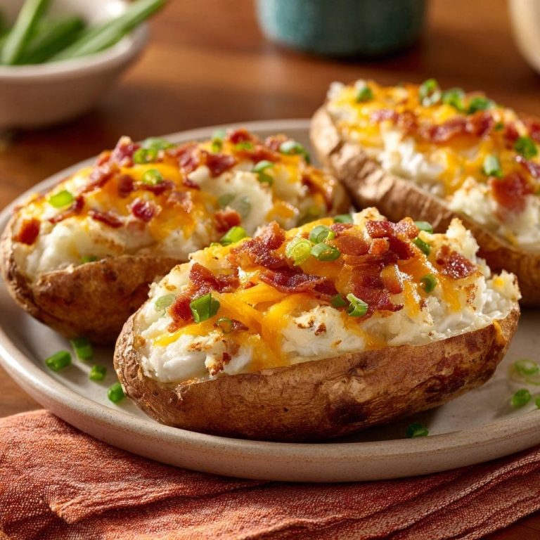 Loaded baked potatoes with cheese, bacon, and chives served on a plate, a close-up view.