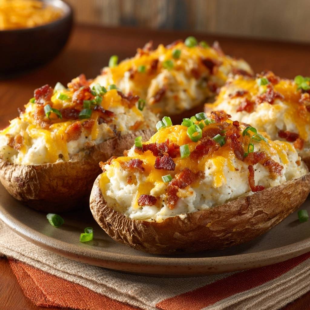 Loaded baked potatoes with melted cheddar cheese, crispy bacon, and fresh chives, presented on a plate.