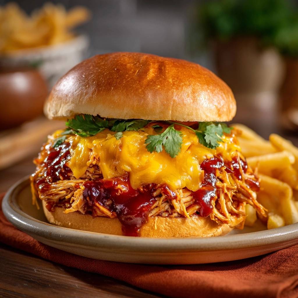Loaded BBQ pulled chicken sandwich with melted cheddar cheese and fresh cilantro garnish served with fries.
