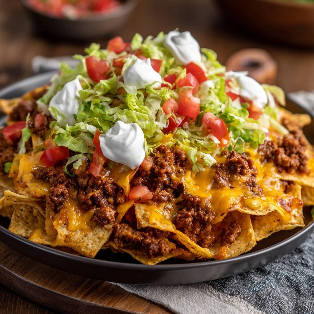 Loaded beef nachos shown in a close-up view, focusing on the generous toppings of lettuce, tomatoes, and sour cream.