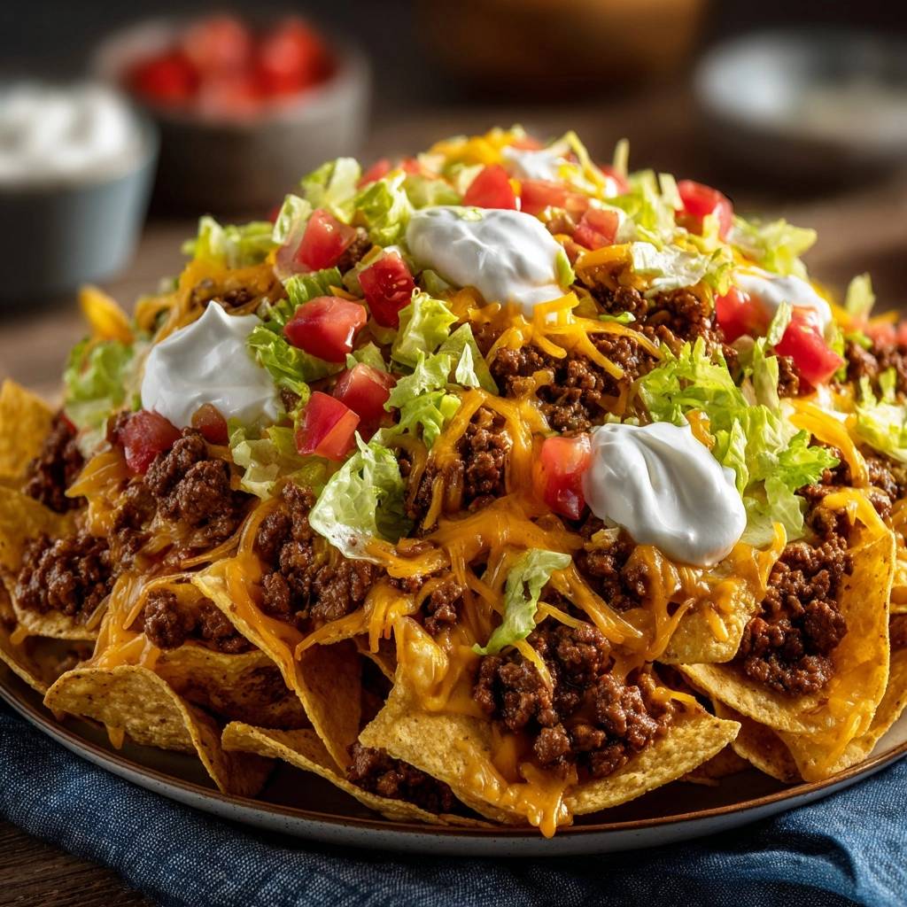 Loaded beef nachos featuring a generous topping of ground beef, melted cheese, lettuce, tomatoes, and sour cream.