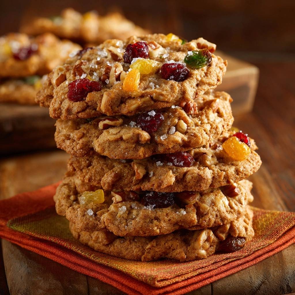 Loaded fruit and nut cookies stacked high, showcasing dried fruit, nuts, and coarse sugar crystals.
