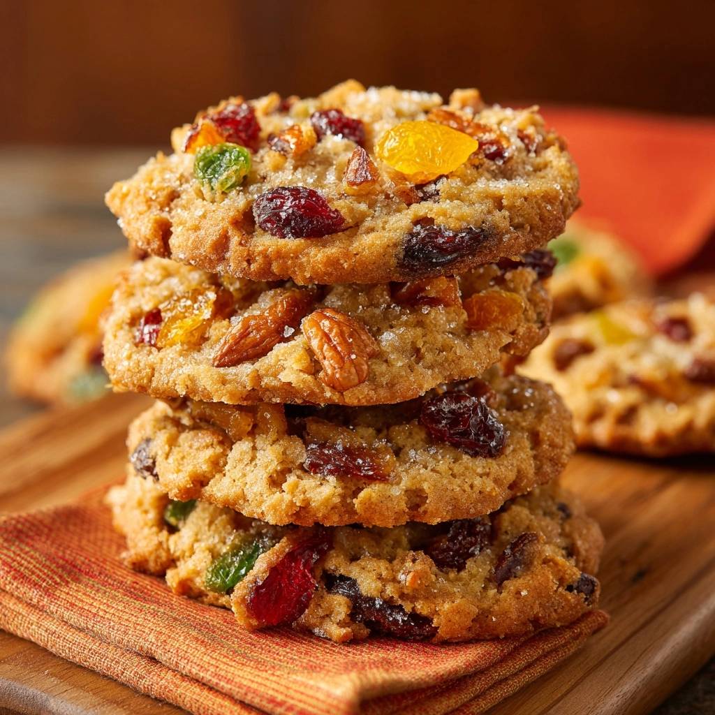 Loaded fruit and nut cookies stacked high, showcasing candied fruit and nuts in a detailed close-up.