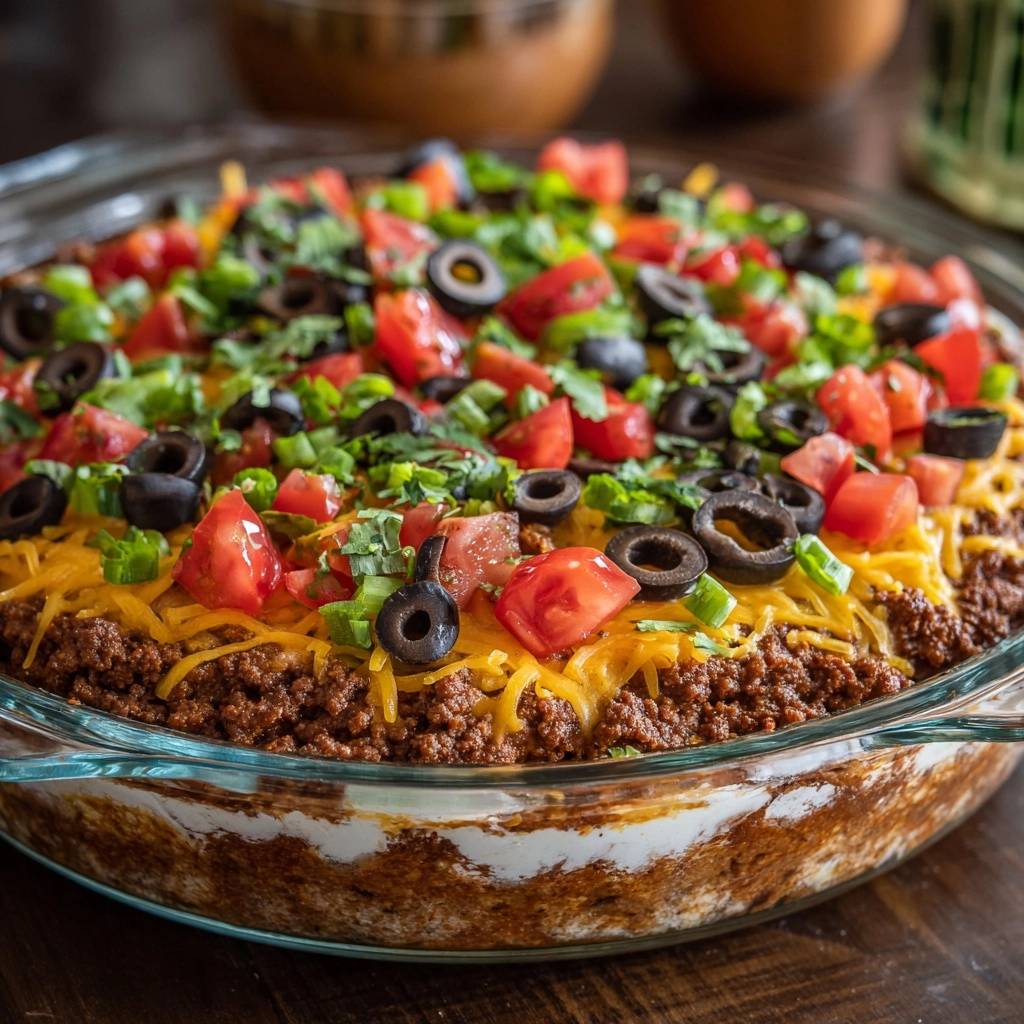 Loaded taco pie with a close-up view of the fresh tomato, olive, and green onion topping.