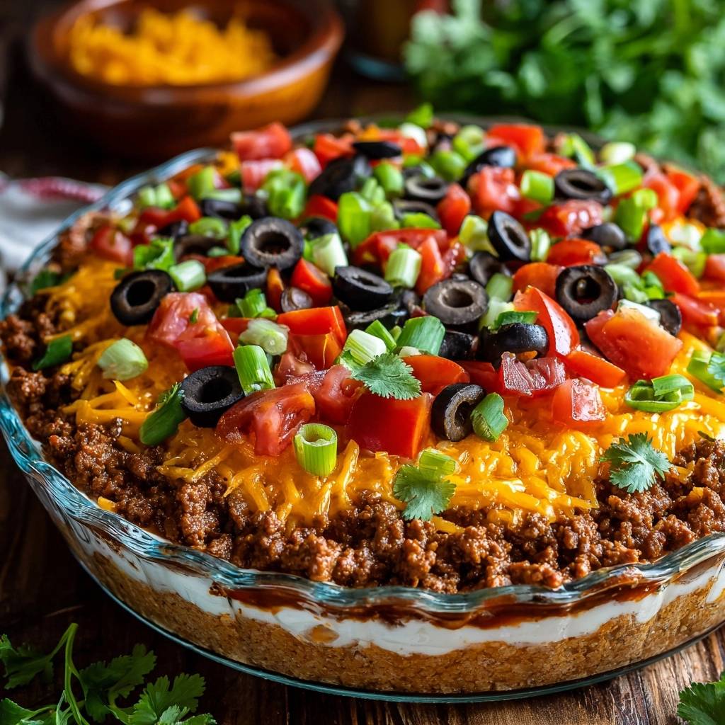 Loaded taco pie with a close-up view of its fresh tomato, olive, and green onion topping.