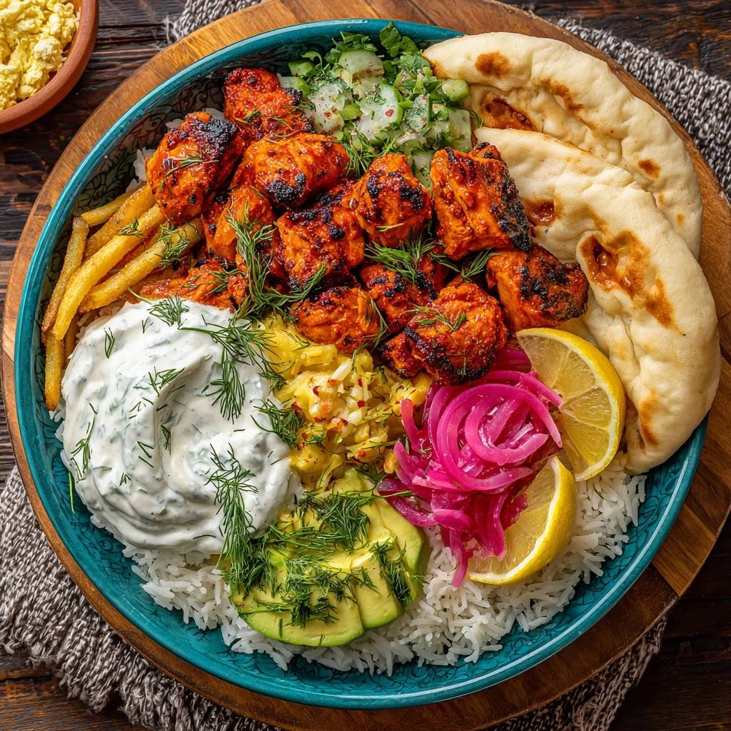 Loaded tikka chicken rice bowl with rice, fries, naan, and creamy sauce shown in an overhead view.