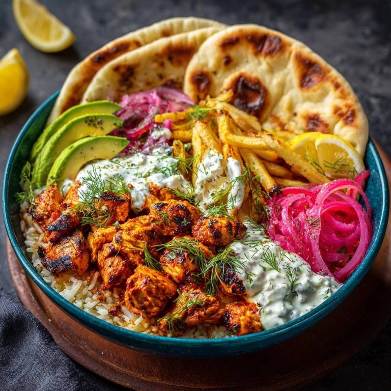 Loaded tikka chicken rice bowl with naan, avocado, and fries shown from an overhead perspective.