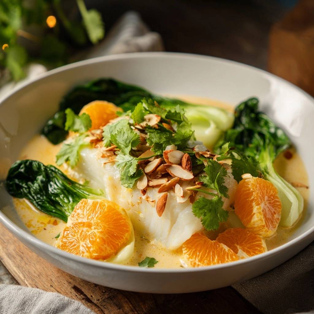 Mandarin poached cod with bok choy, garnished with sliced almonds and cilantro, presented in a creamy sauce.