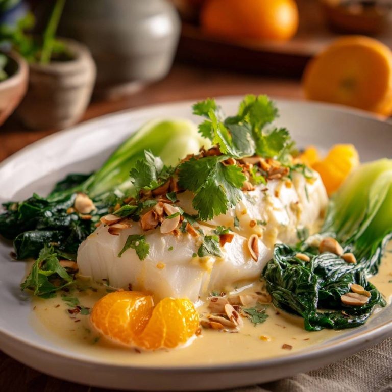 Mandarin poached cod with bok choy plated with mandarin orange slices and garnished with almonds and cilantro.
