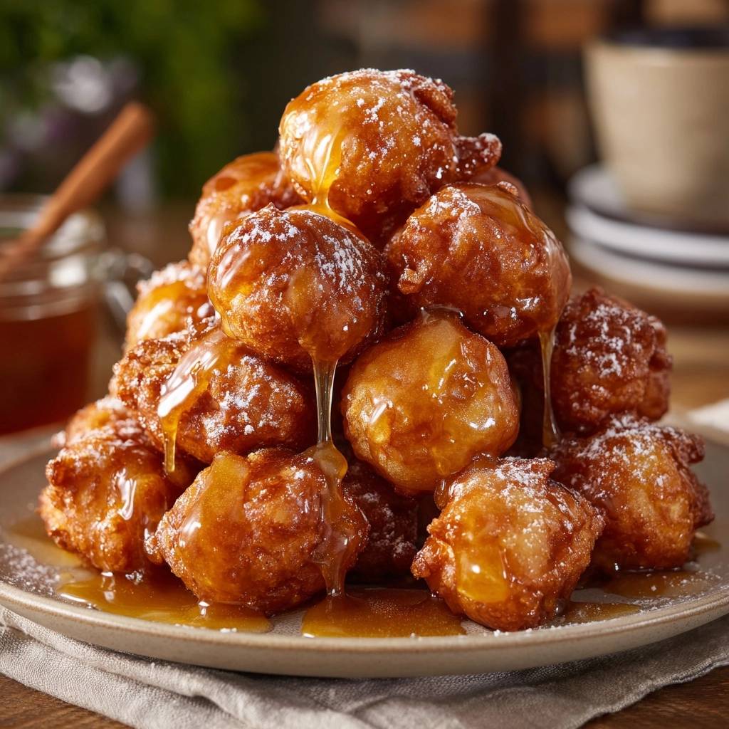 Maple beignets piled high on a plate, generously drizzled with sweet syrup and dusted with powdered sugar.