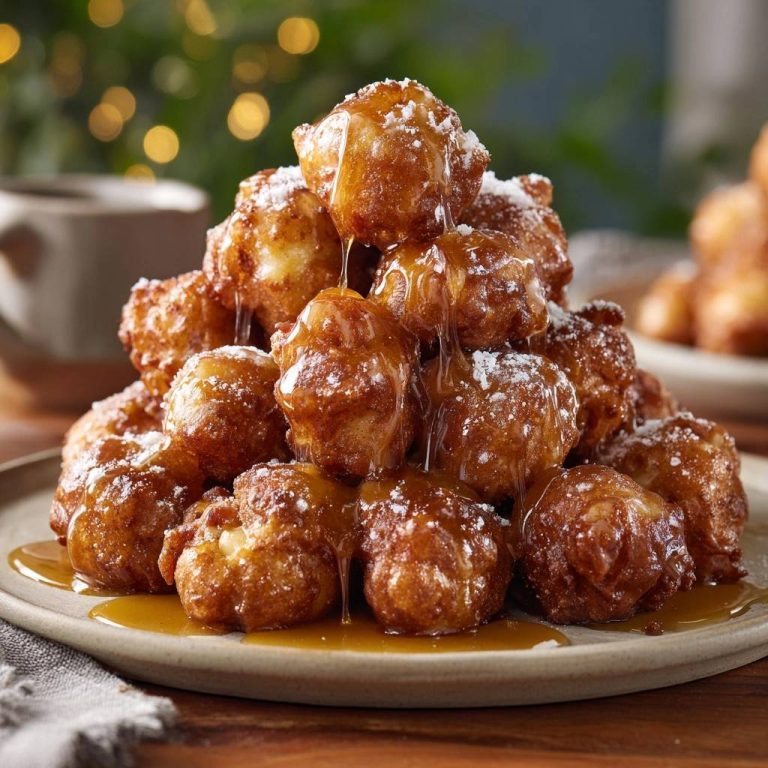 Maple beignets are stacked high on a plate with a golden syrup drizzle and a dusting of powdered sugar.