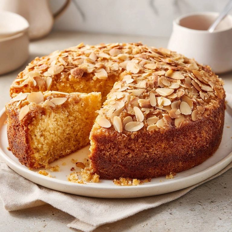 Moist almond tea cake recipe shown with a slice cut out, revealing its tender interior and almond topping.