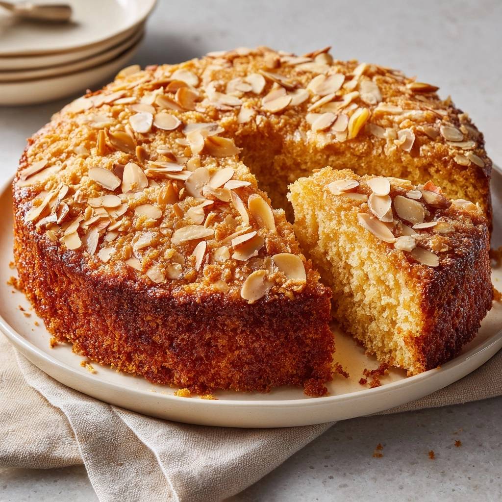 Moist almond tea cake recipe featuring a generous crumb topping and a slice removed to show the tender interior.