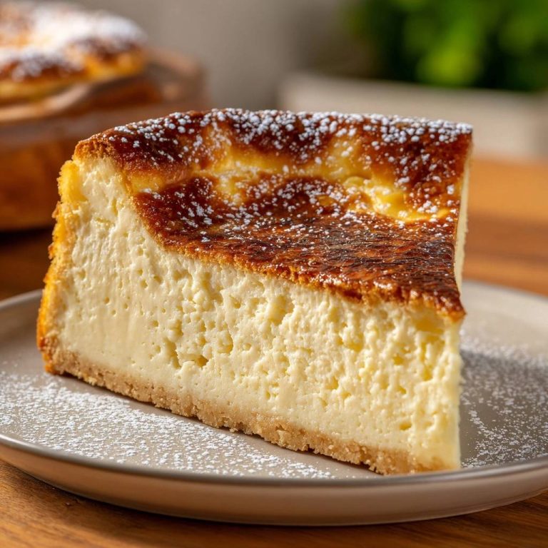 Classic New York Cheesecake, a slice showing its creamy interior and graham cracker crust, dusted with powdered sugar.