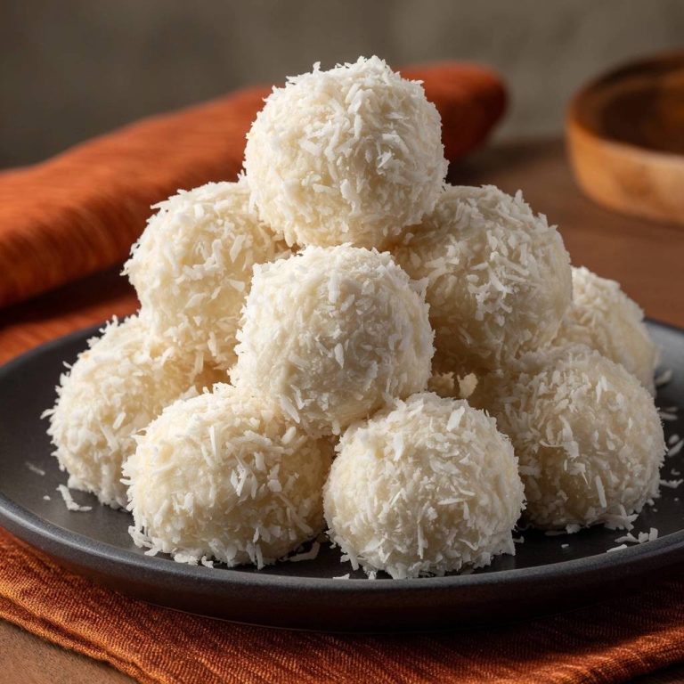 No-bake coconut snowballs piled high on a dark plate, showcasing their shredded coconut coating.