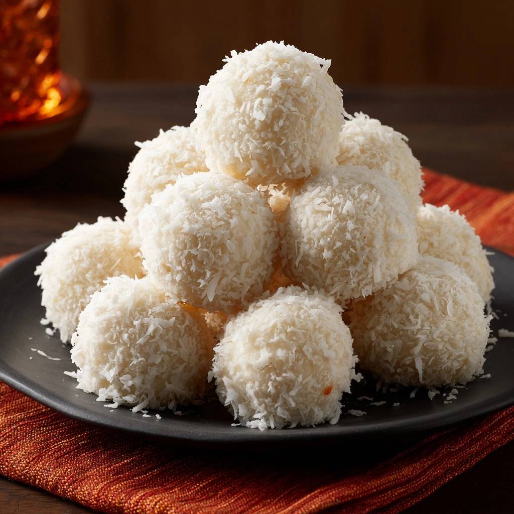 No-bake coconut snowballs stacked high on a dark plate, showcasing their shredded coconut coating.