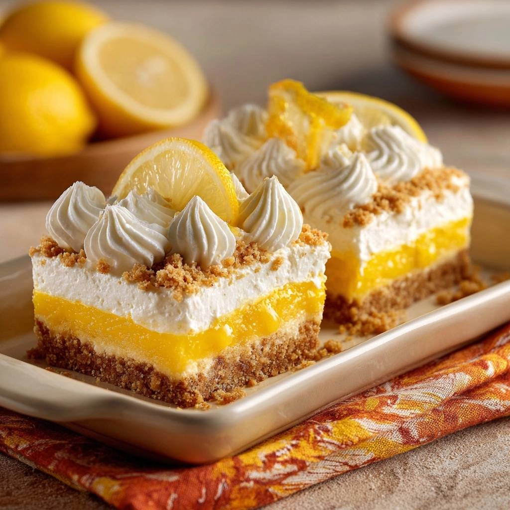 No-bake lemon delight bars with crisp crust shown in a close-up cross-section revealing layers of crust, lemon filling, and whipped topping.