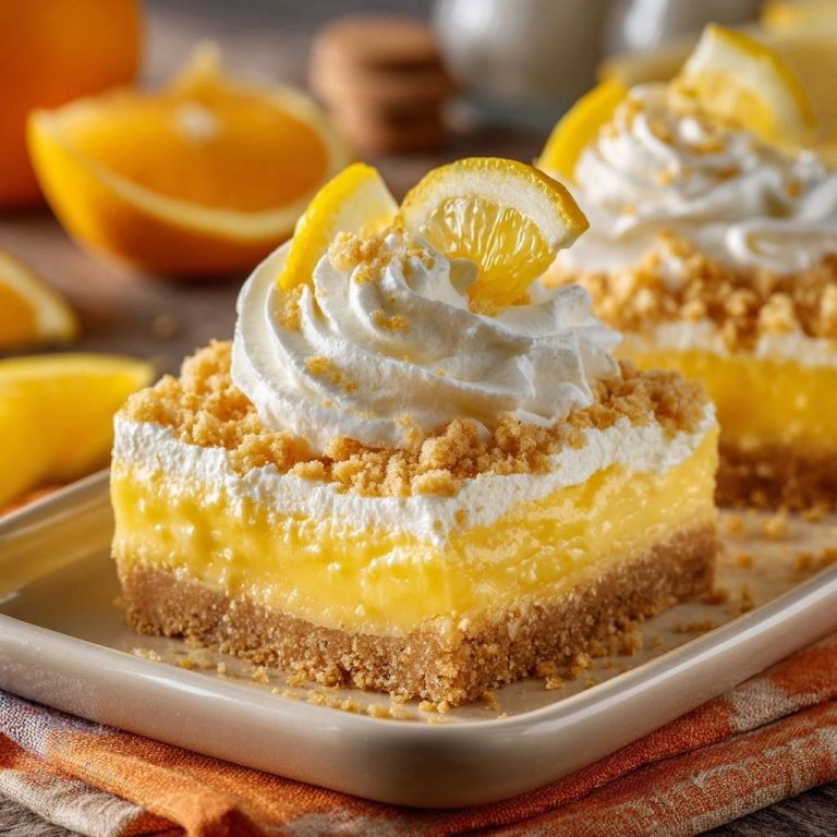 No-bake lemon delight bars with a creamy whipped topping and lemon slice garnish on a white plate.